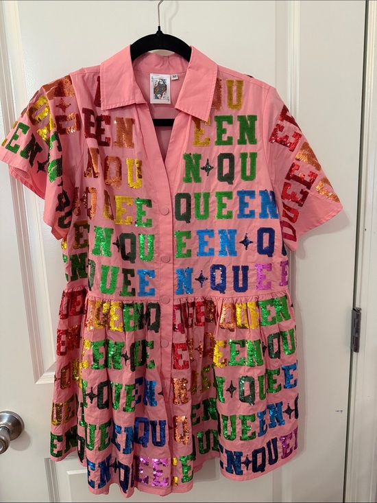 QUEEN OF SPARKLES Other - ⭐️Queen of Sparkles ⭐️Pink Sequin "QUEEN" Button-Front Short Sleeve Romper